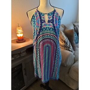 Renee C. Mini dress medium‎ Halter Dress Colorful Print Sleeveless Summer Dress